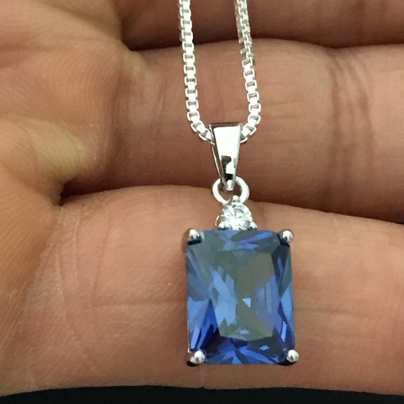 Sterling Silver Tanzanite CZ Pendant Necklace - Picture 4 of 8